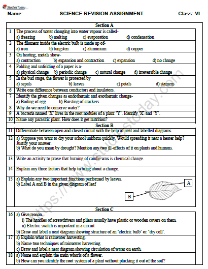 class 6th science worksheet number 12